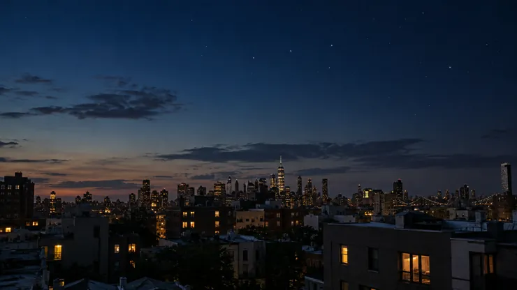 City skyline at dusk beneath a darkening sky
