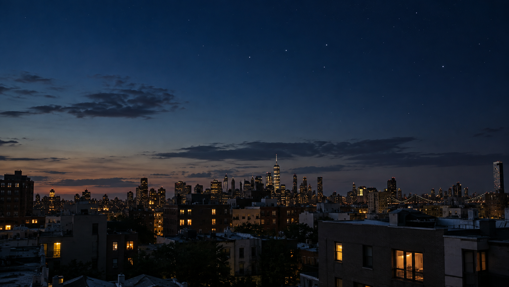 City skyline under a blue evening sky