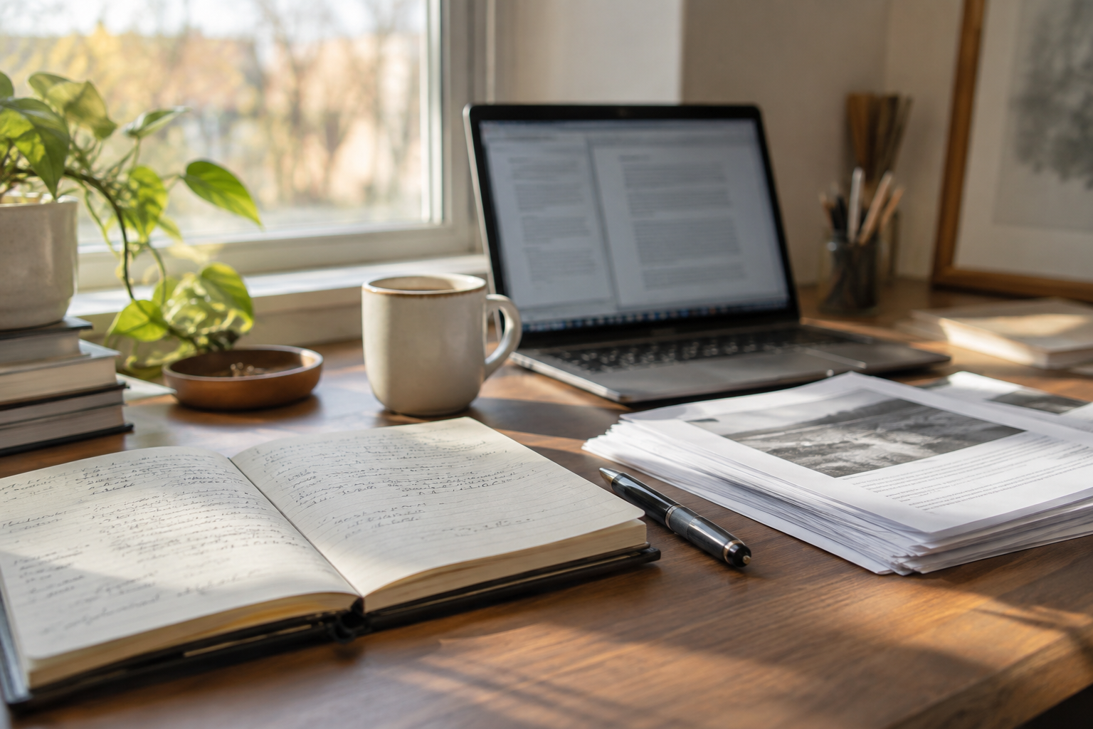 Notebook and documents on an editorial desk