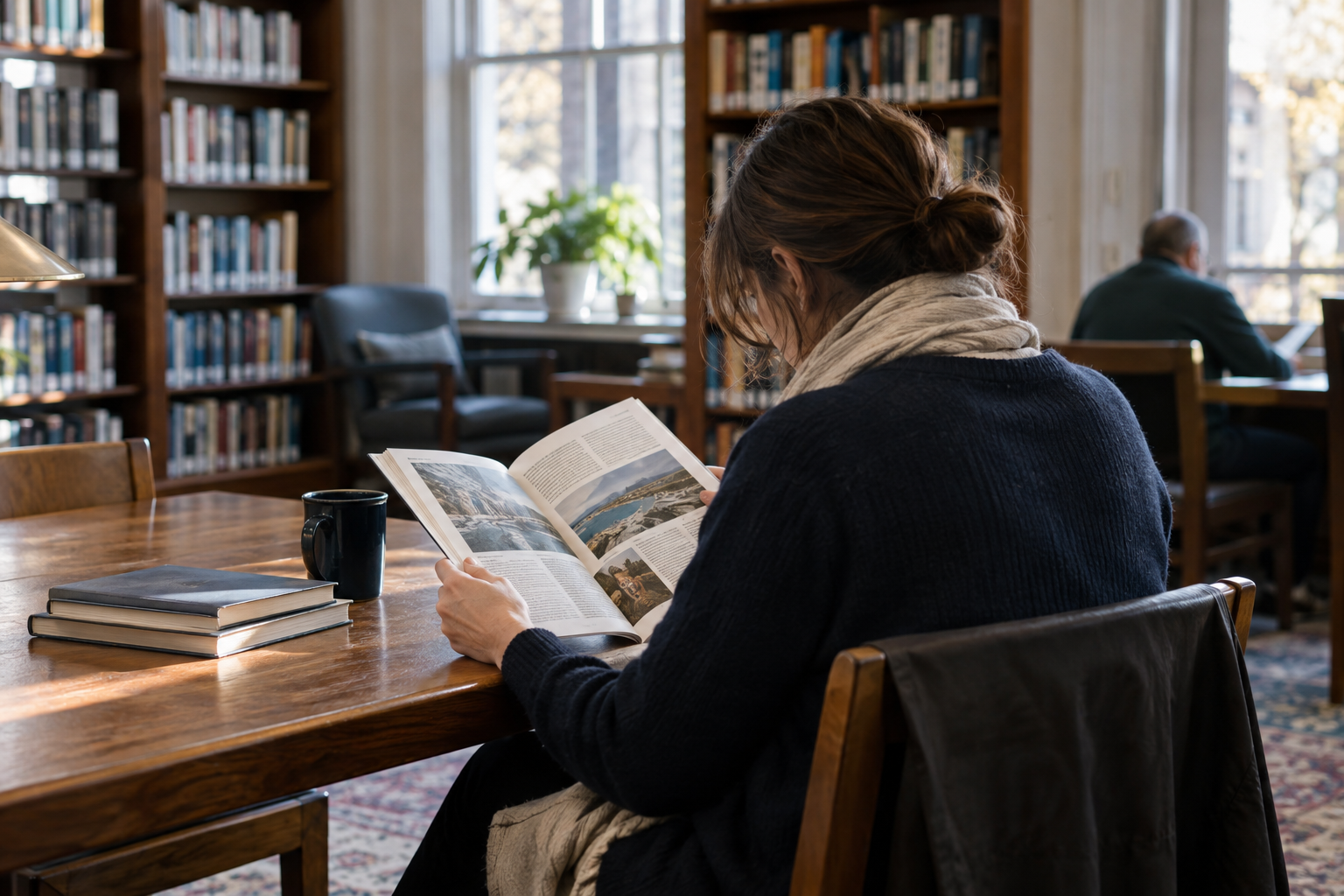 Reader studying a magazine in a quiet library