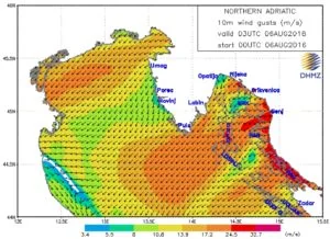 Here is a image from the Croatian Meteorological Service showing some of the winds in the northern Adriatic during the Bora on Saturday August 6 2016.
