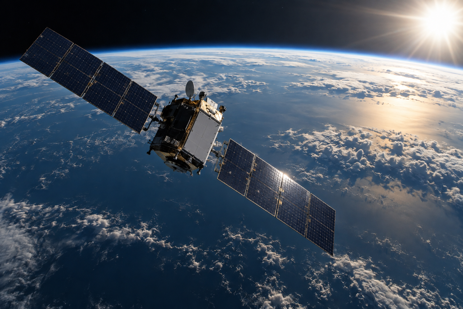 Conceptual illustration of a communications satellite above Earth