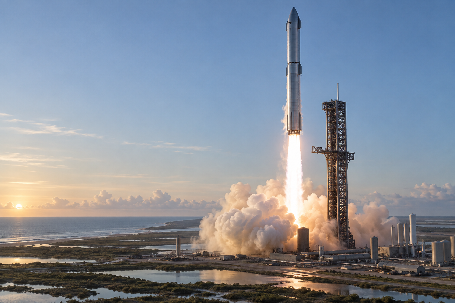 Illustration of a heavy-lift rocket rising from a coastal launch site