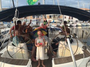 Celebrating our very first passage on Vesna with some friends from a neighbouring boat